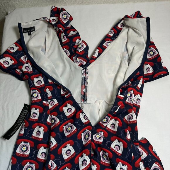 NWT Sister Jane Telephone Print Tea Dress With Frills Blue Multicolor Small - Picture 12 of 15